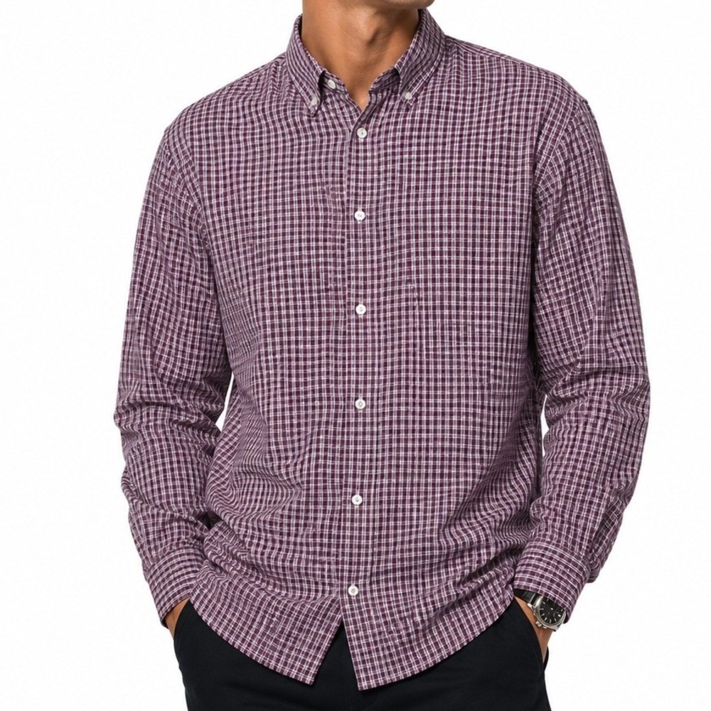 UNTUCKit Mens XL Burgundy Vigneti Plaid Performance Stretch Shirt Preppy Office